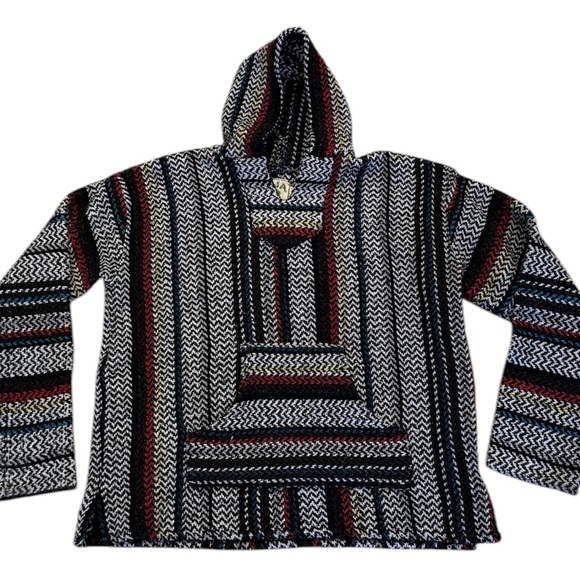 Baja Joe Striped Drug Rug Hoodie Mexican Hippie Black Red M Oversized - Picture 1 of 6